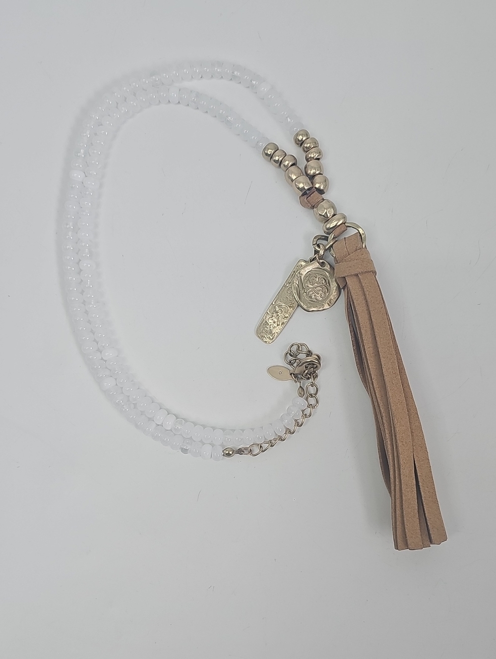 Chico's White Crystal Stone Necklace with Tan Suede Tassel